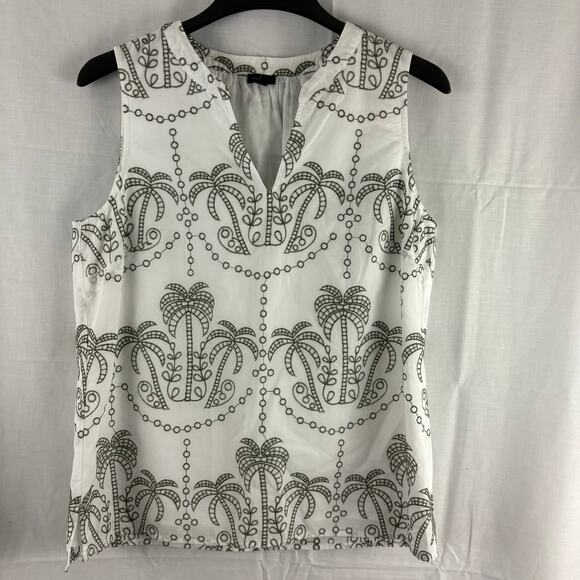 Talbots White Green Embroidered Palm Tree Cotton Sleeveless Blouse Tank Top M - Picture 1 of 7